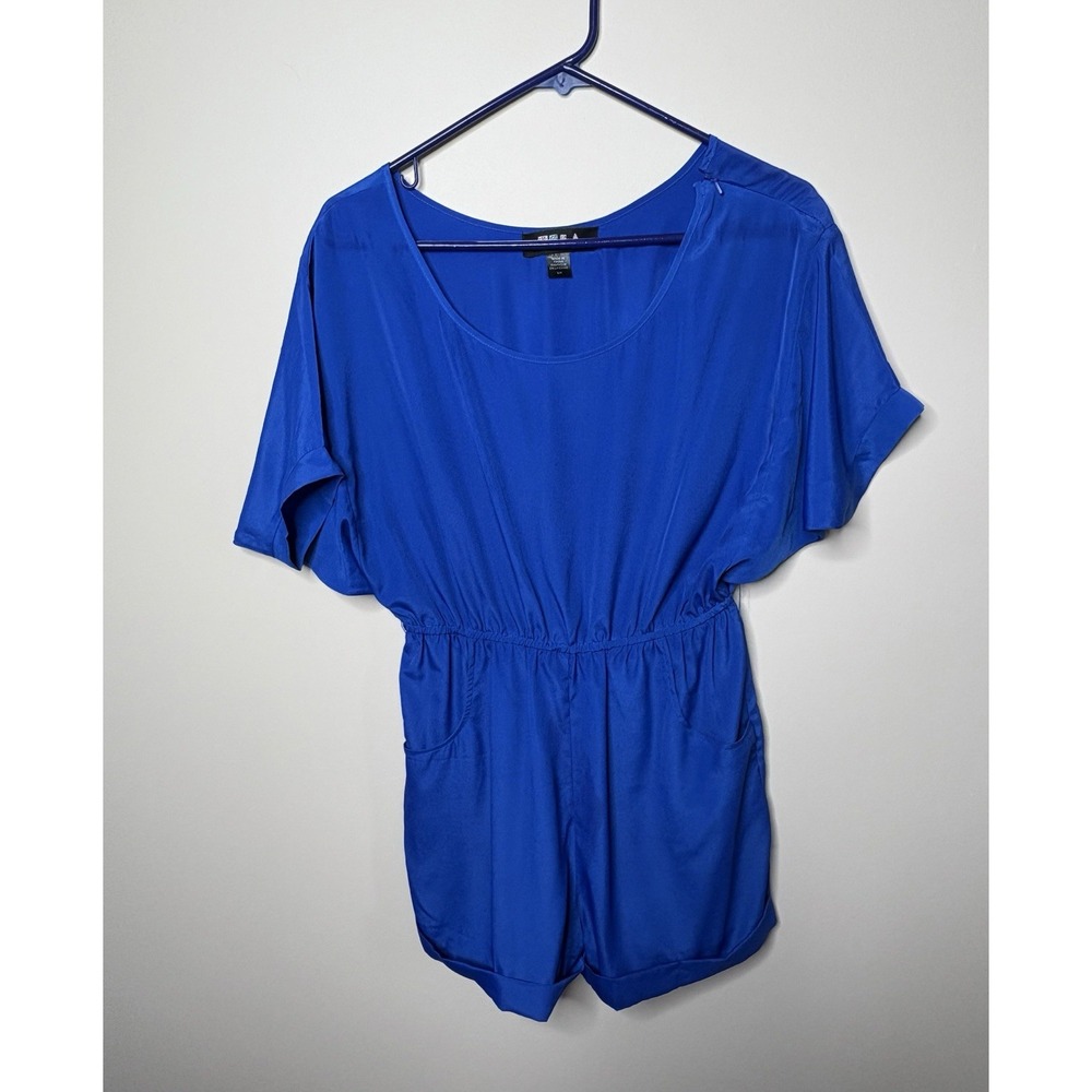 TELA Womens Royal Blue‎ Elastic Waist Pocketed Short Sleeve Romper Size Small